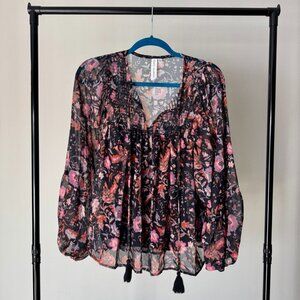 Grace + Karma Black & Pink Floral Sheer Blouse